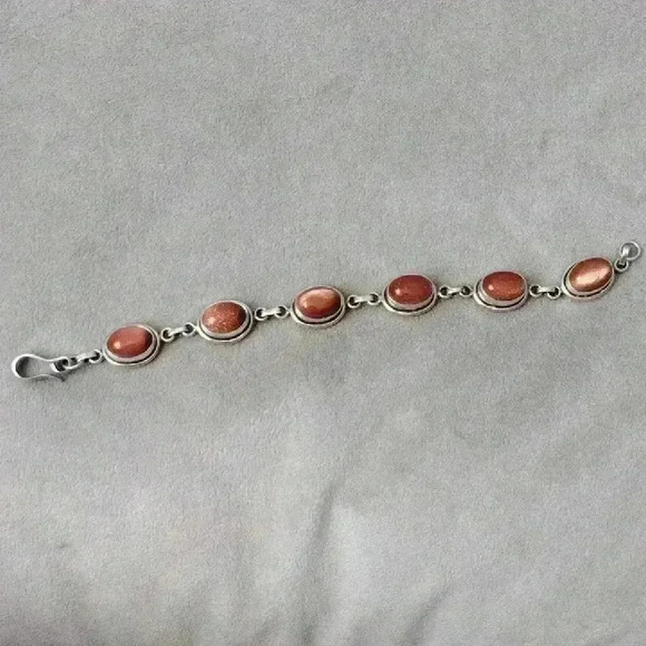 Natural Stone 925 Silver‎ Bracelet with Gold Moonstone 8"
